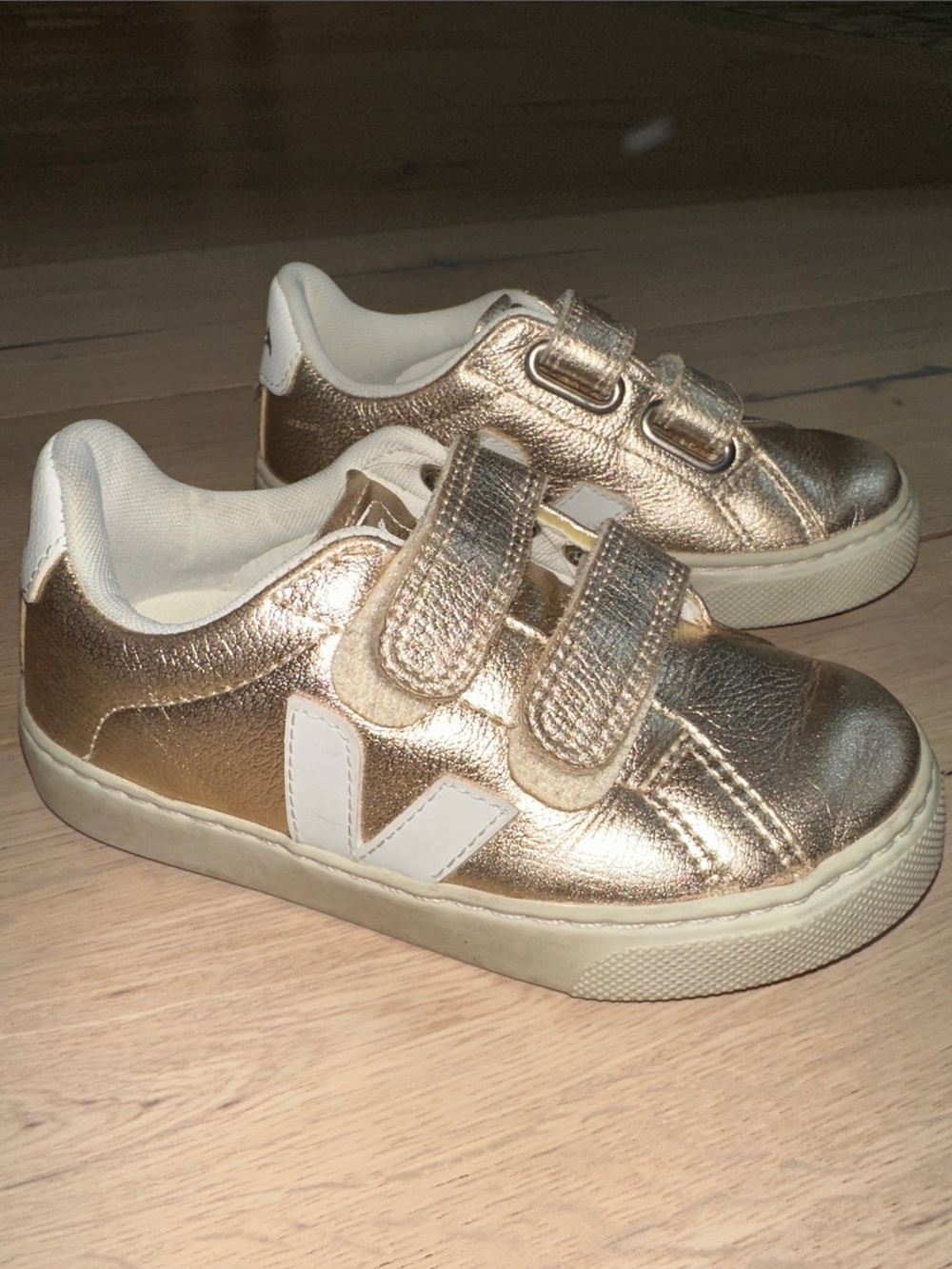 Veja Kids Metallic Gold Velcro Sneakers with White Accent